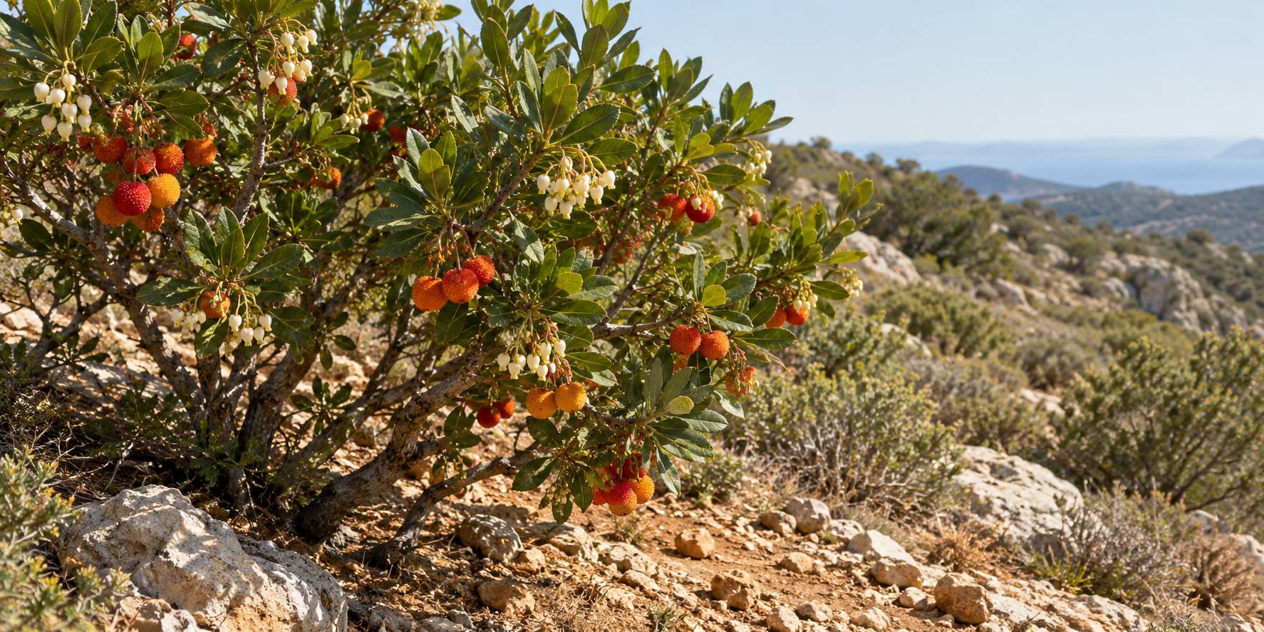 Arbuste d'arbousier avec fruits rouges granuleux et clochettes blanches sur un coteau
