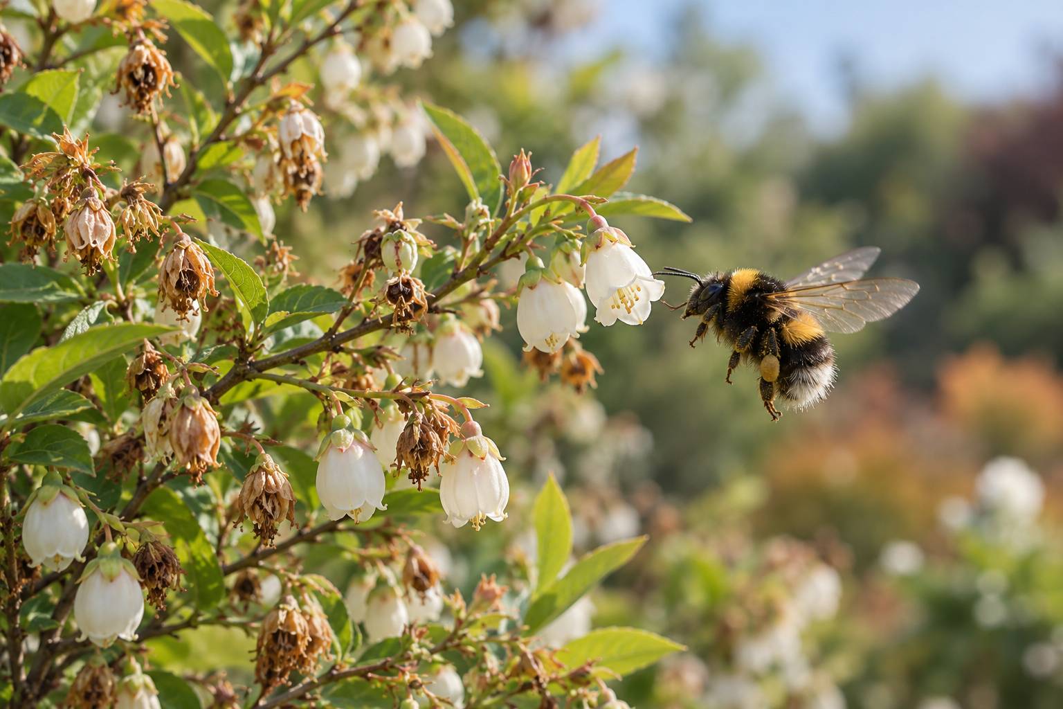Arbuste à petites fleurs blanches en clochettes avec un bourdon en vol approchant une fleur