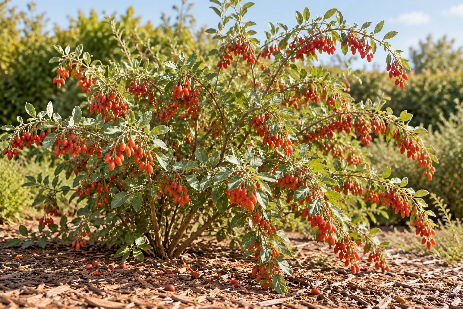 Arbuste fruitier aux petites baies rouges et au feuillage argenté, en plein soleil sur sol paillé
