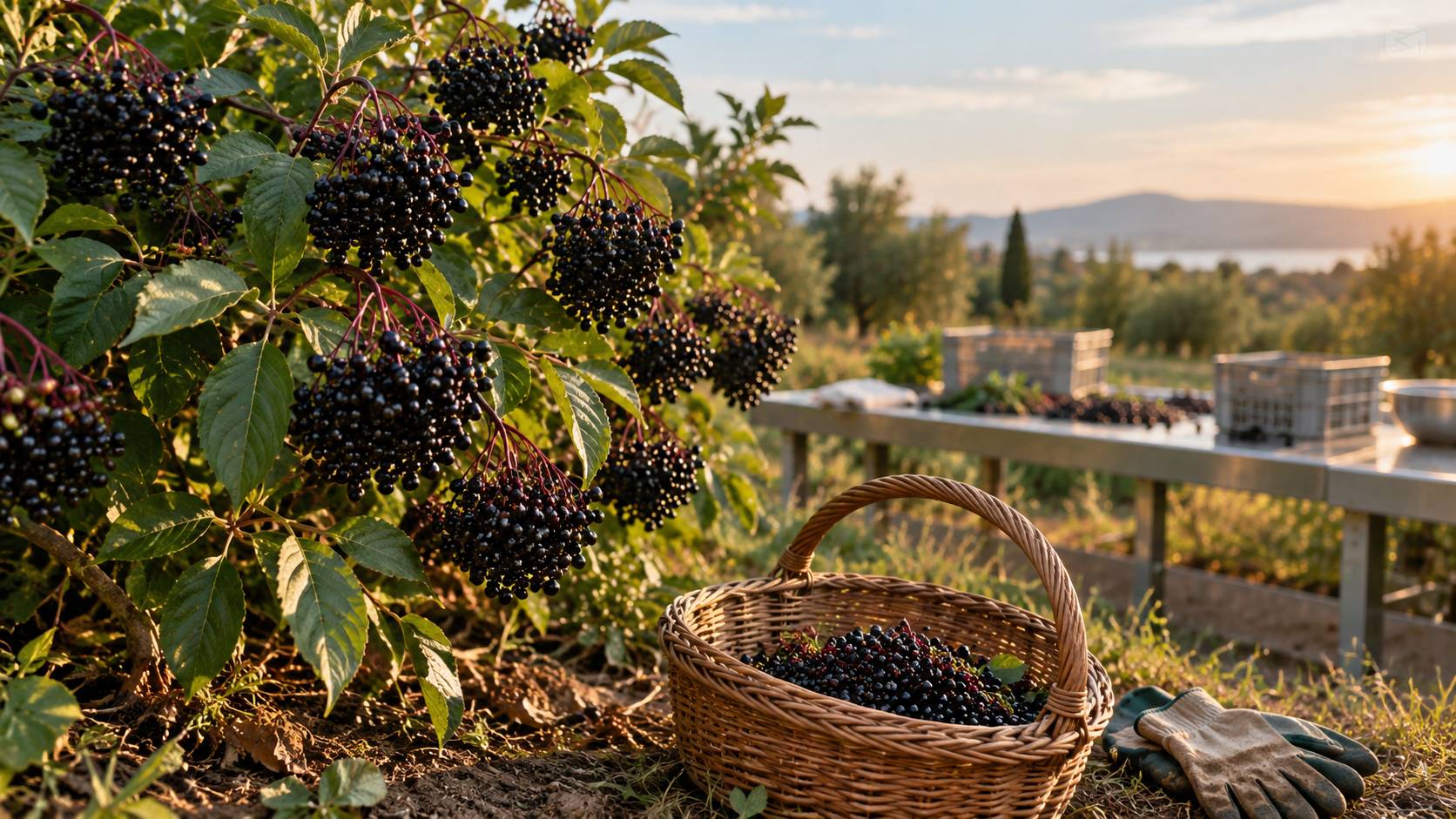 Grappes de baies noir violacé sur un arbuste et panier en osier rempli de baies cueillies