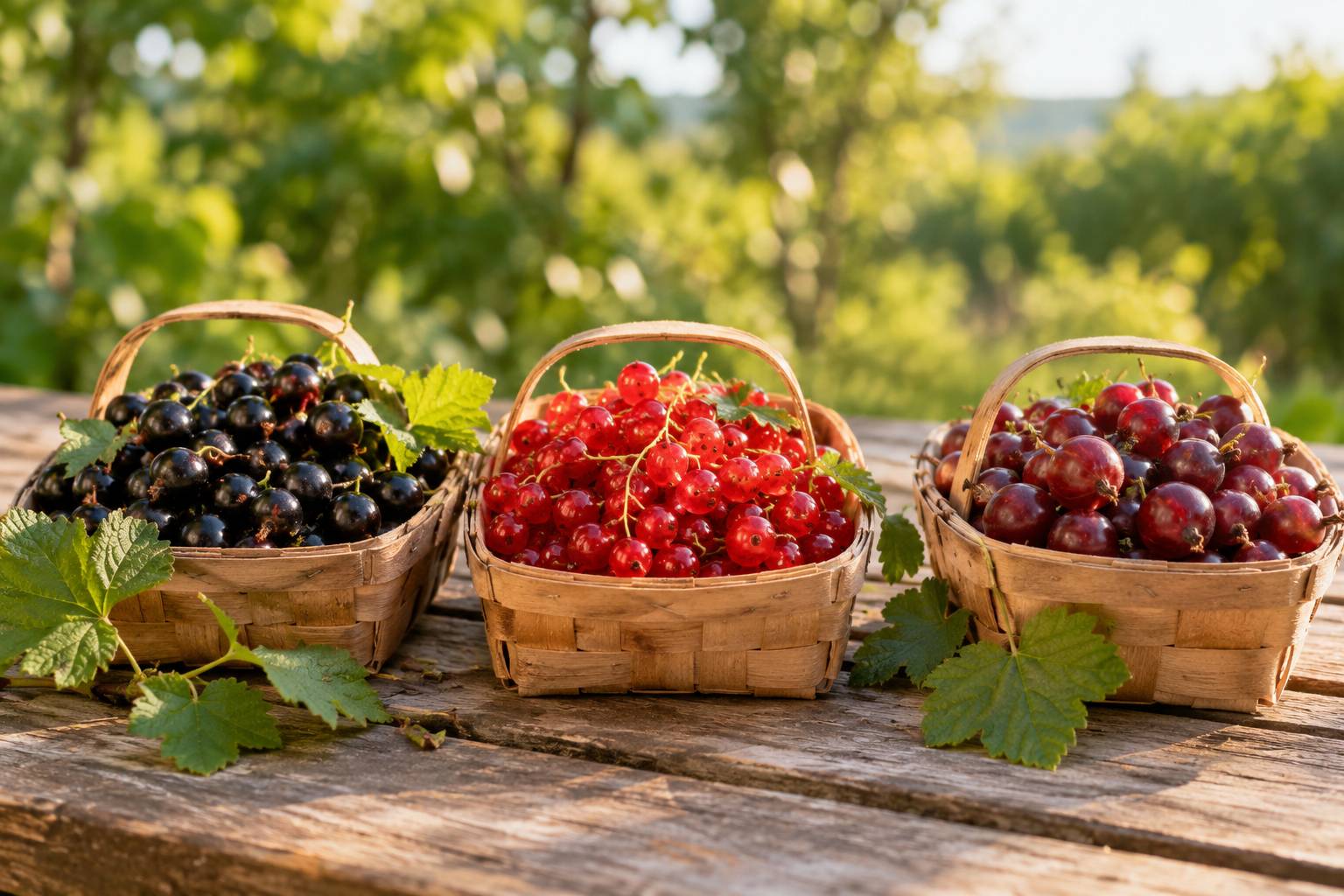 Trois grappes de petits fruits sur une table de jardin : cassis noir, groseilles rouge et caseille