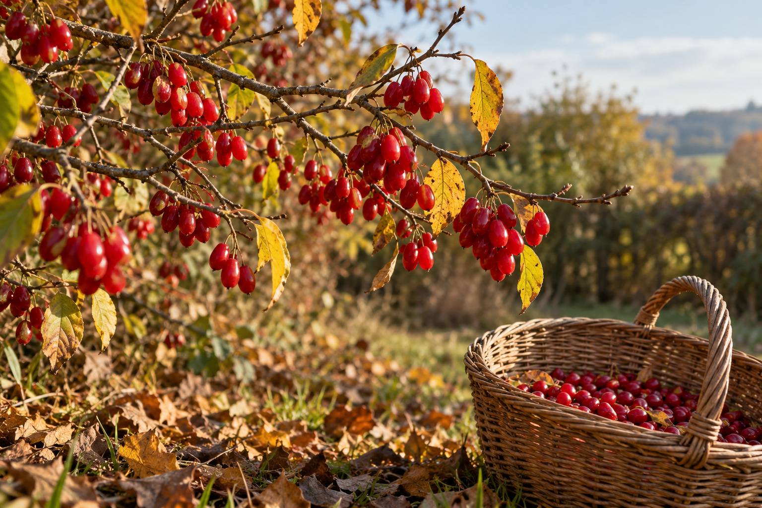 Branche de cornouiller mâle avec baies rouges dans une haie d'automne