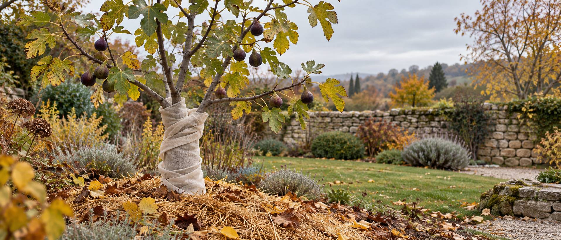 Jeune figuier protégé par un voile d'hivernage au pied paillé dans un jardin en automne