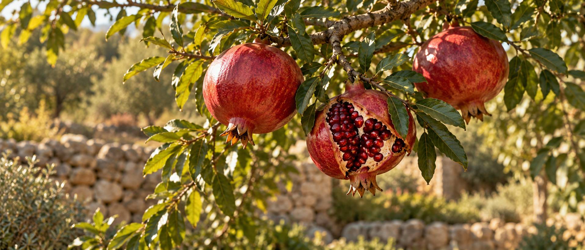 Grenades rouges ouvertes sur une branche de grenadier au jardin