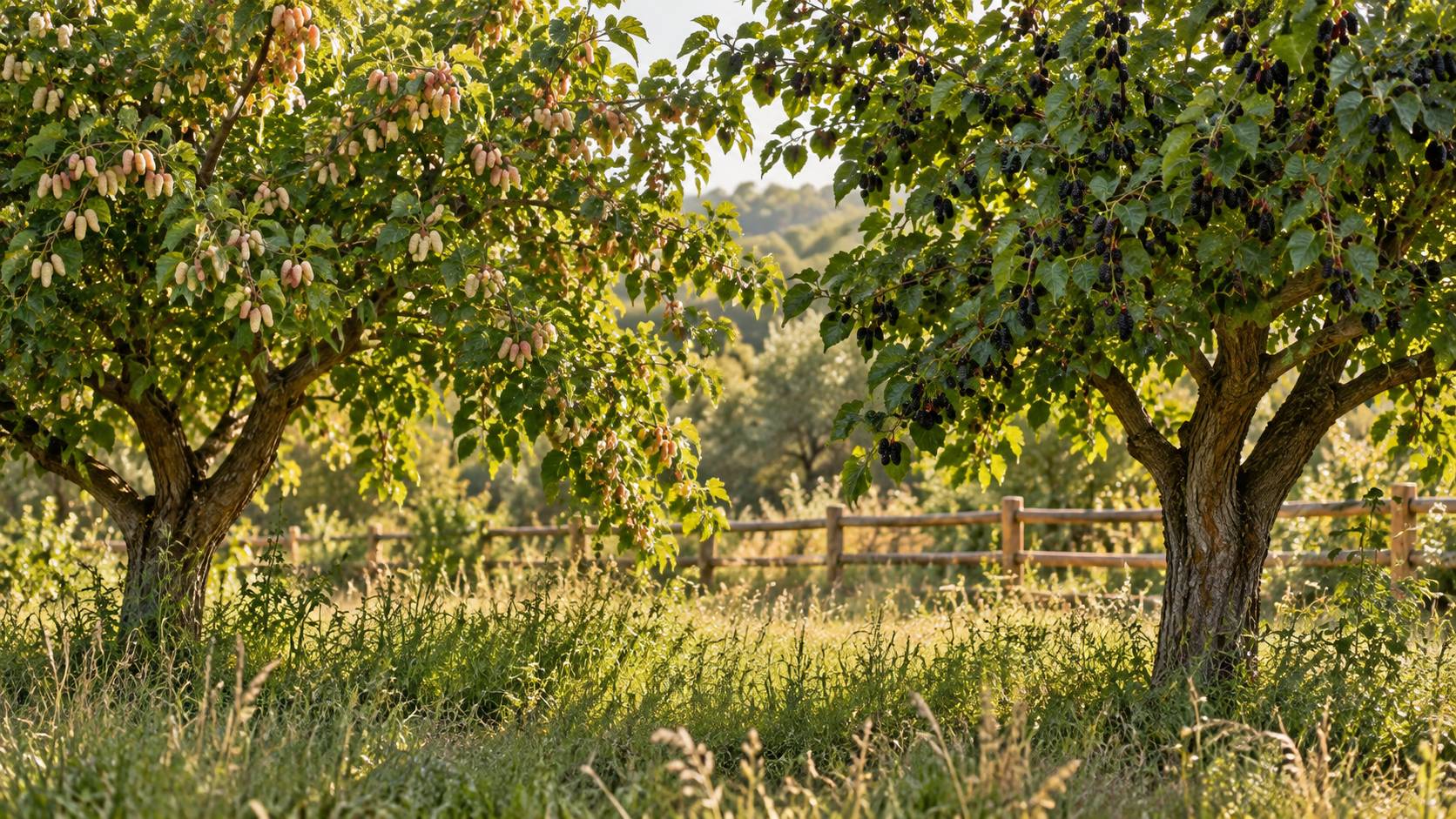 Deux mûriers aux fruits clairs et sombres dans un verger ensoleillé