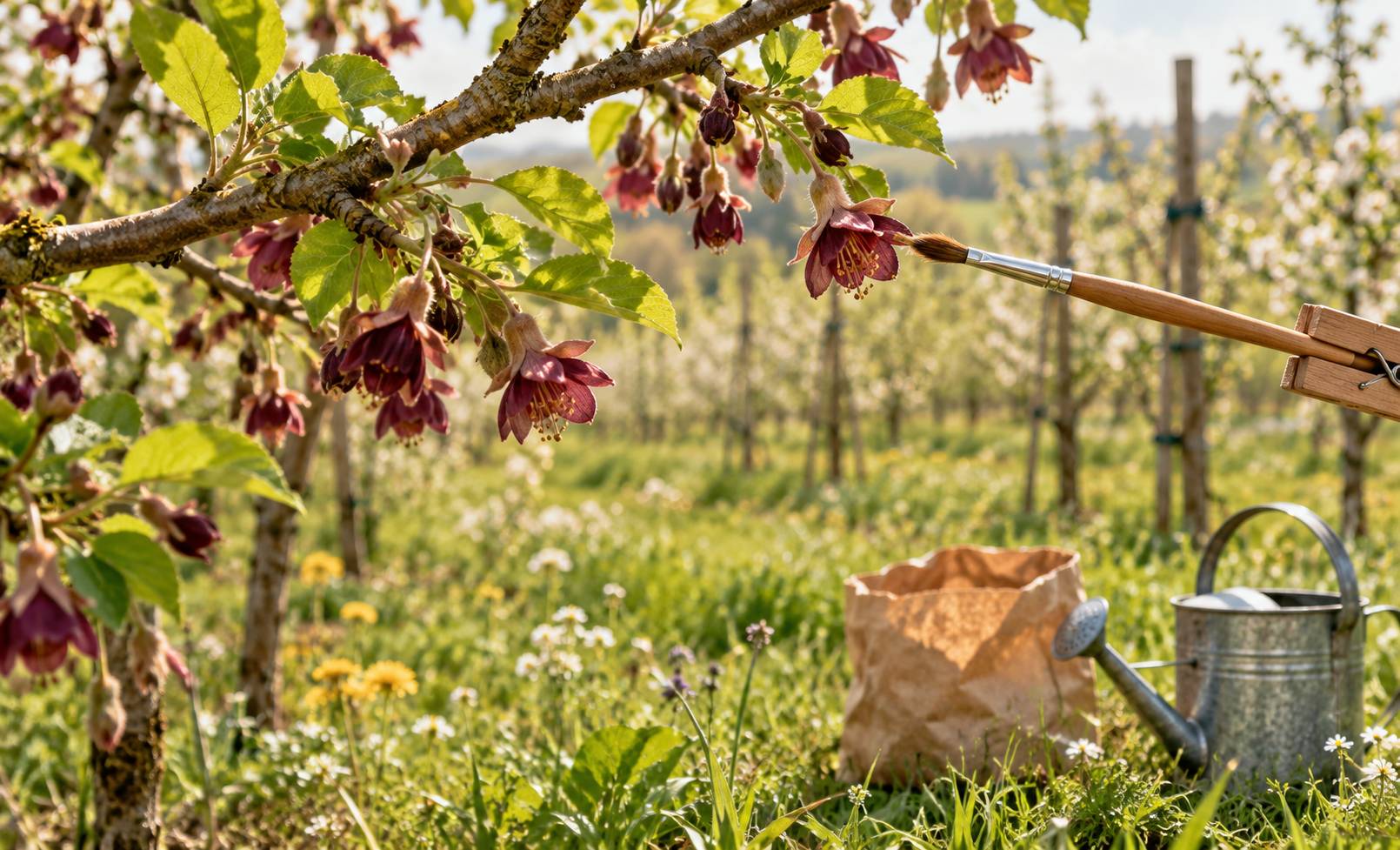 Pinceau fin appliqué sur des fleurs pendantes brun-pourpre dans un verger au printemps