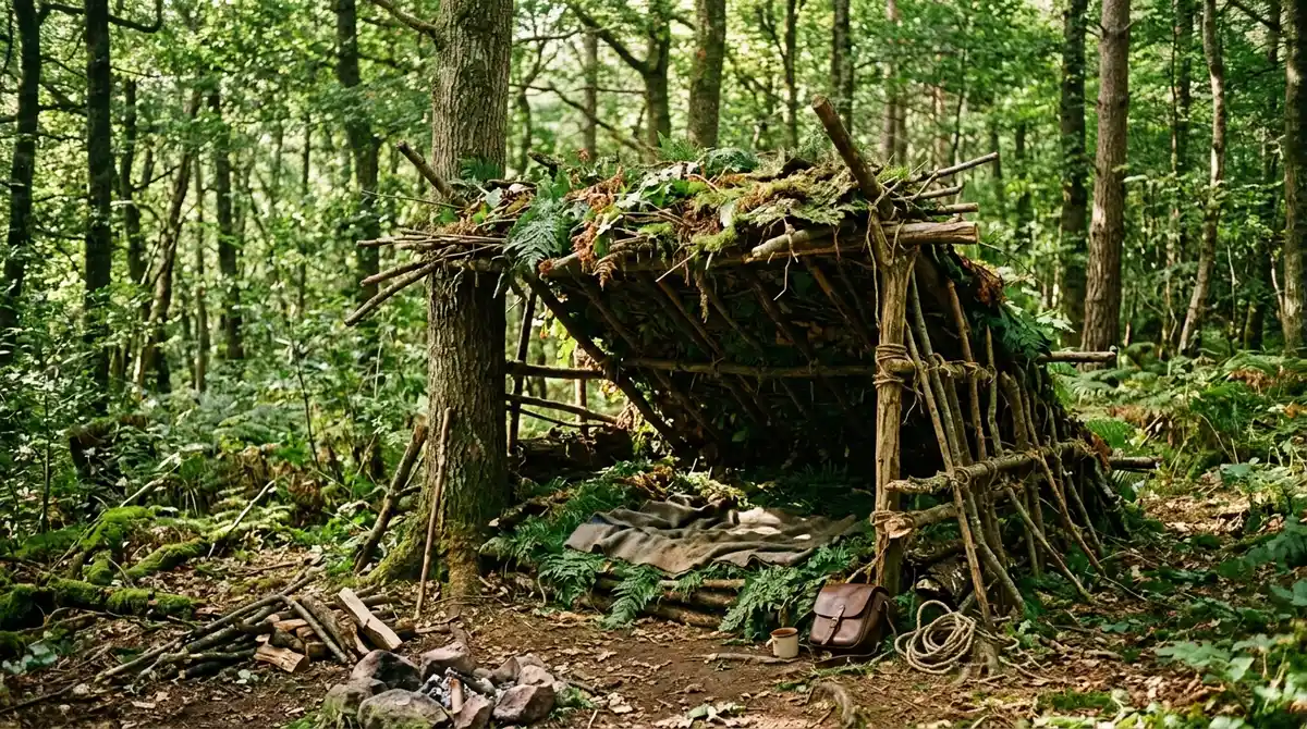 Abri naturel en forêt survie low-tech